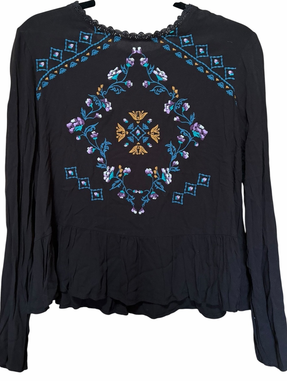 Black Embroidered Boho Floral Long-Sleeve